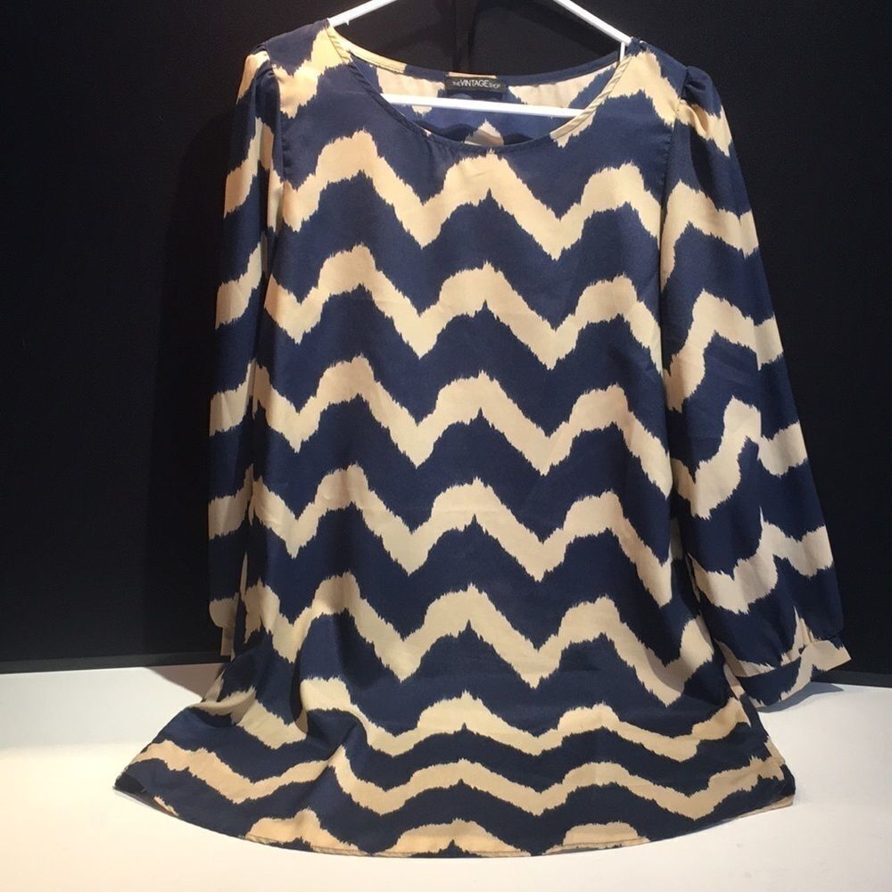 Vintage Shop Beige and Blue Dress - Size Large